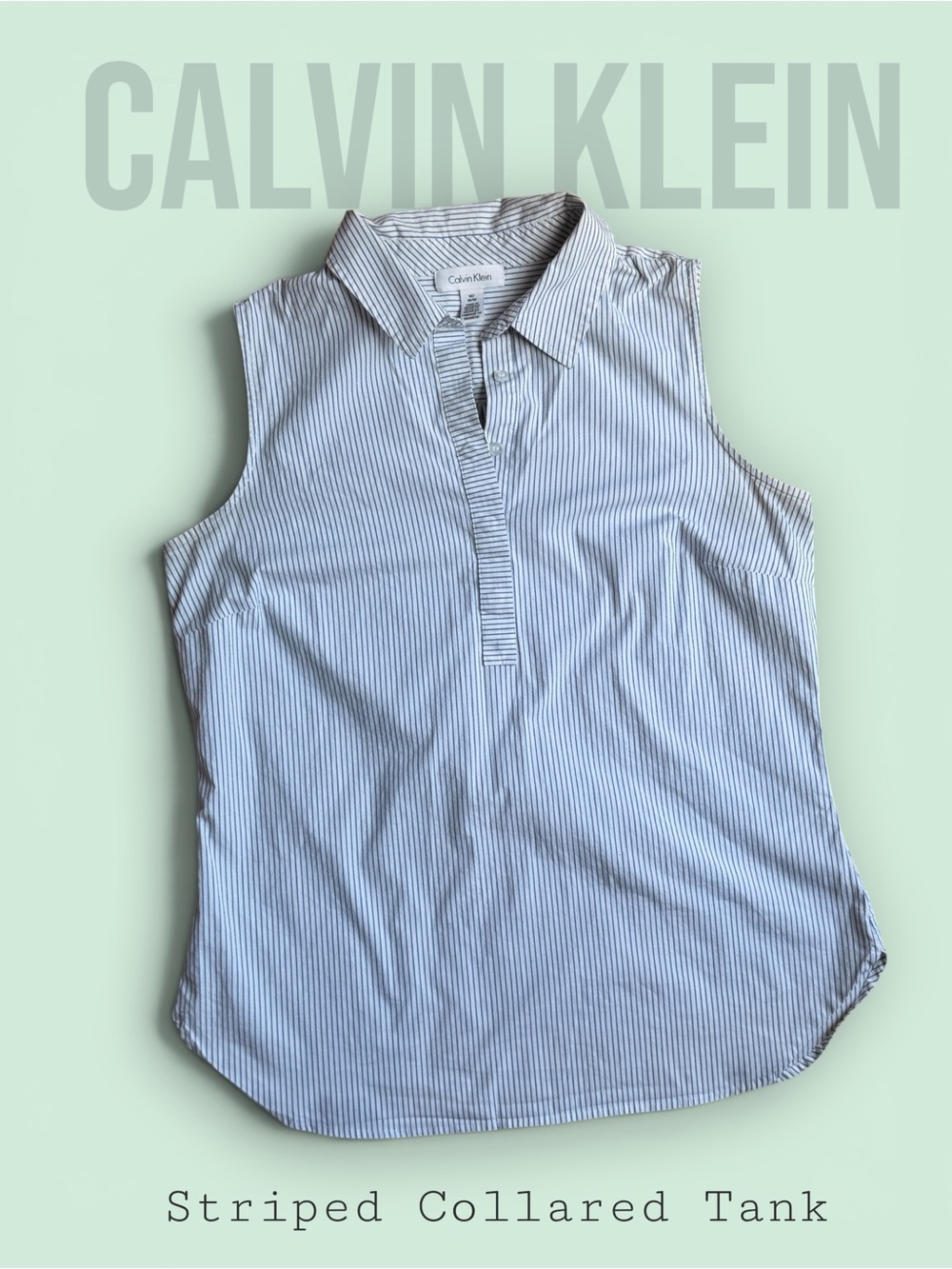 Calvin Klein White & Blue Striped Sleeveless Collared Tank - size Medium